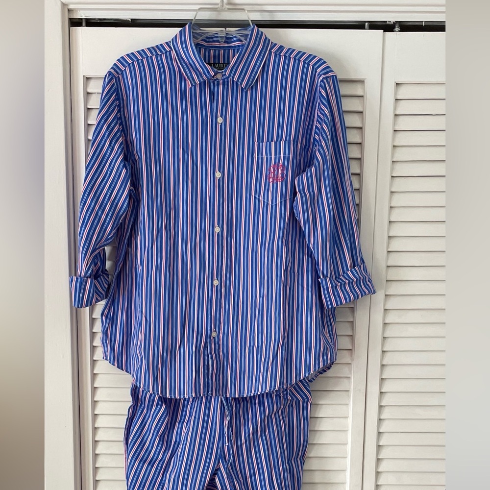 Lauren Ralph Lauren Blue and White Striped Pajama Set